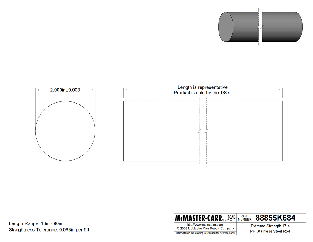 Technical Drawing of Extreme-Strength 17-4 PH Stainless Steel Rod, 2" Diameter.